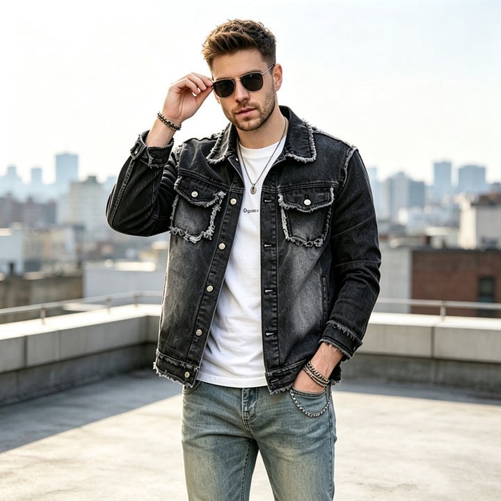 Men's Fashionable Denim Jacket with Fringes Mune Fashion