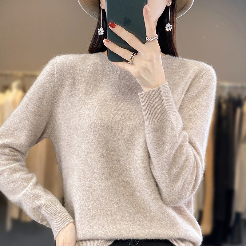 Ladies luxurious fine knit round neck sweater with soft fluffy finish and narrow cuff shape Mune Fashion