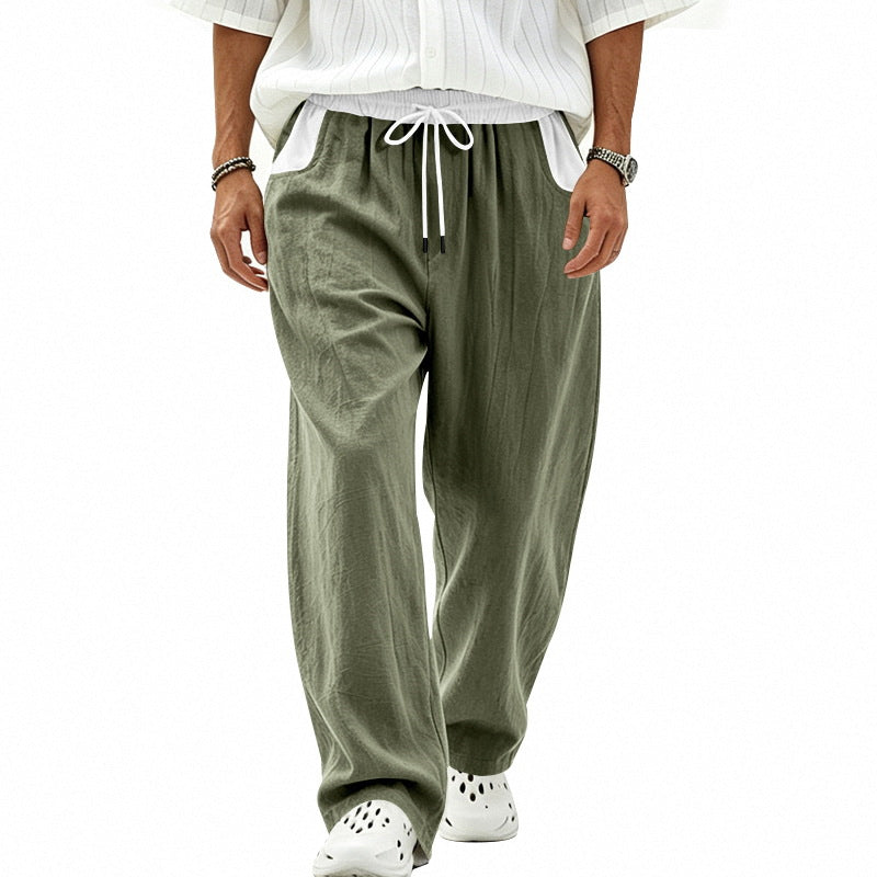 Men's Loose Fit Linen Blend Casual Pants with Elastic Drawstring and Side Pockets Mune Fashion