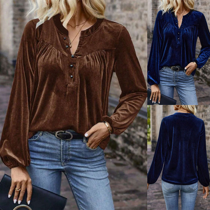 Women's velvet blouse with button Henley, gathered breast yoke and loose fit Mune Fashion