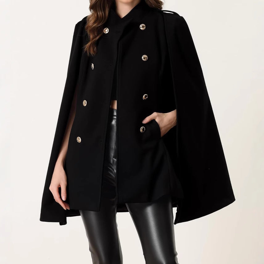 Ladies short cape coat made of wool blend with double-breasted shoulder straps and arm slits Mune Fashion