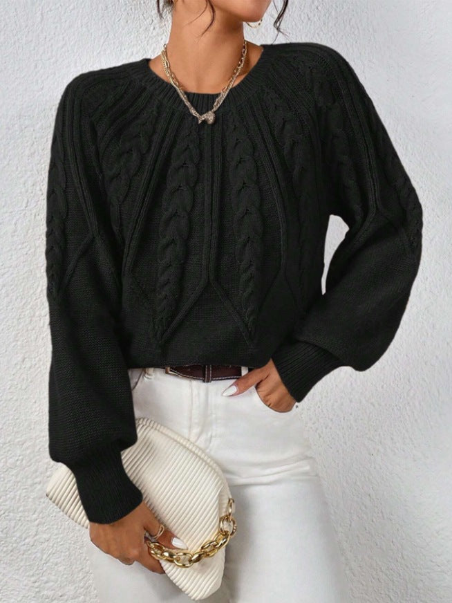 Women's short cable knit sweater with balloon sleeves and ribbed hem Mune Fashion