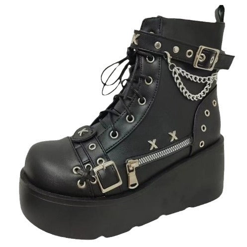 Women's Plateau Biker Ankle Boots with Wide Wedge Sole, Buckles, Chains and Cross Appliqués Mune Fashion