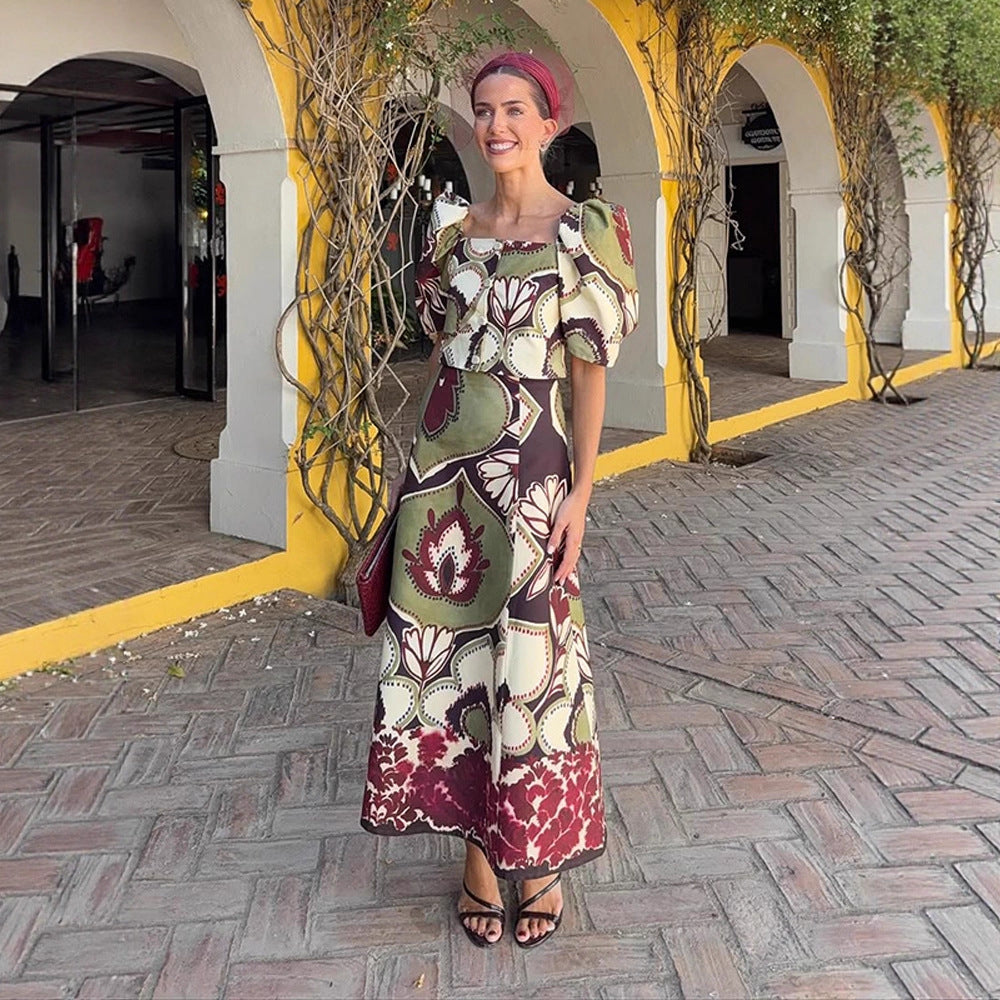 Women's Maxi Dress Set with Puff Sleeves, Tailored Midriff and Floral-Geometric Print Mune Fashion