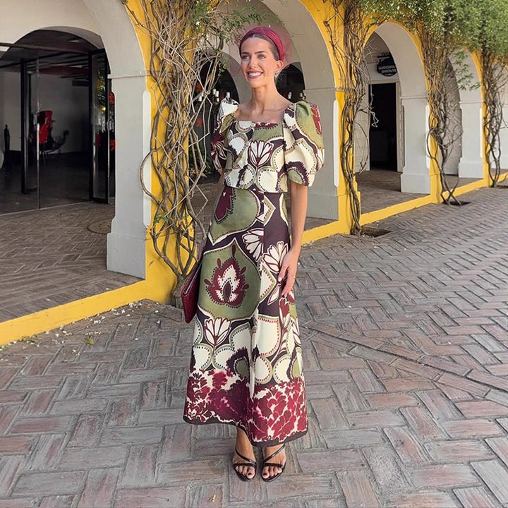 Women's Maxi Dress Set with Puff Sleeves, Tailored Midriff and Floral-Geometric Print Mune Fashion