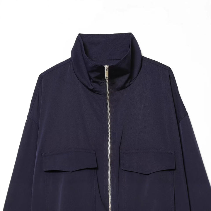 Women Cropped Bomber Jacket with Stand-up Collar, Full-Length Zipper and Applied Flap Pockets Mune Fashion