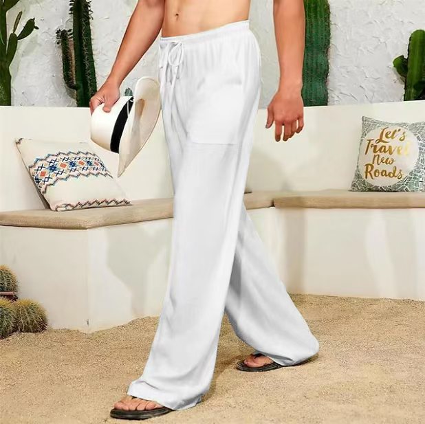 Men's wide linen pants with drawstring, applied side pockets and relaxed fit Mune Fashion