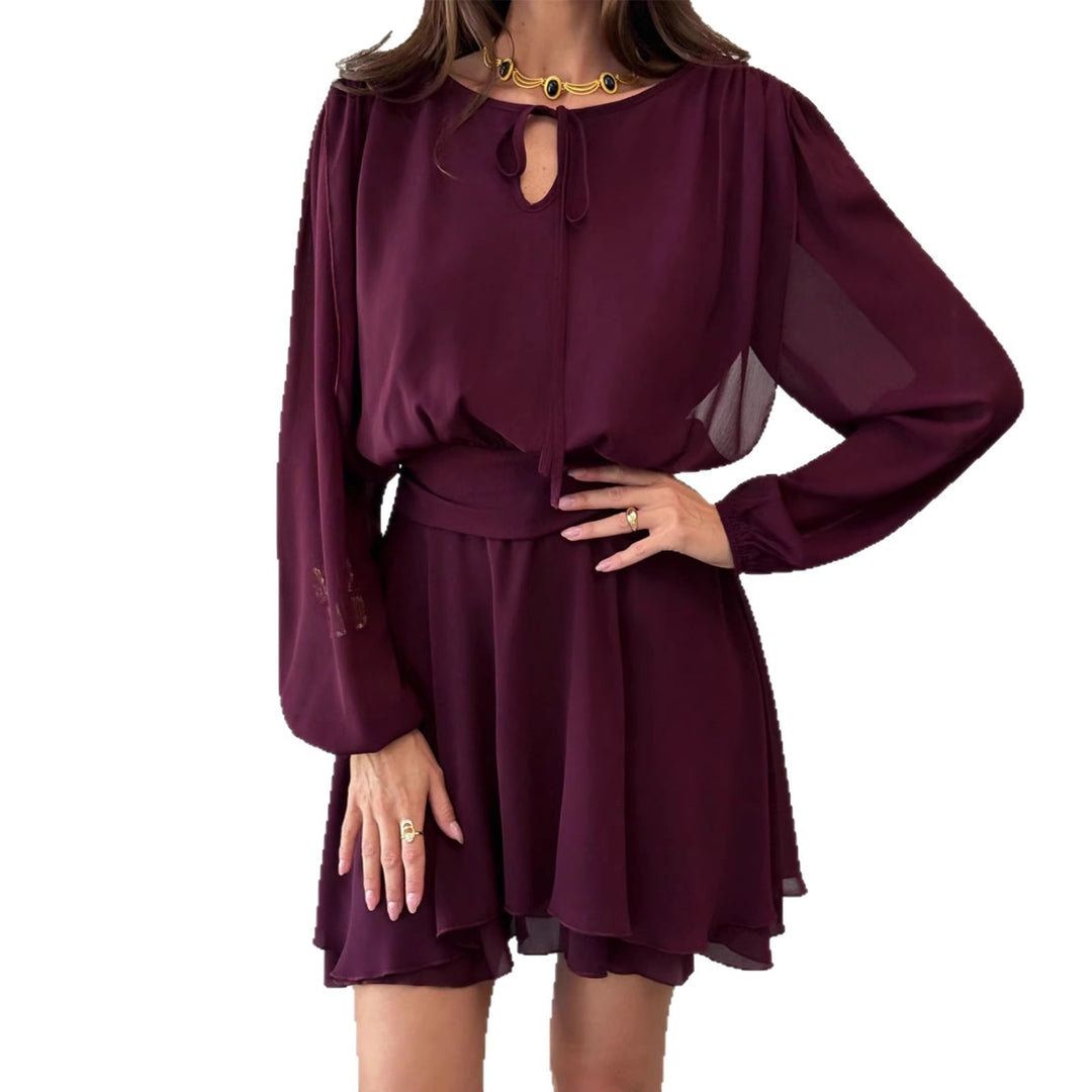 Women's Elegant flowing chiffon dress with gathered waist yoke, long balloon sleeves and tie collar Mune Fashion