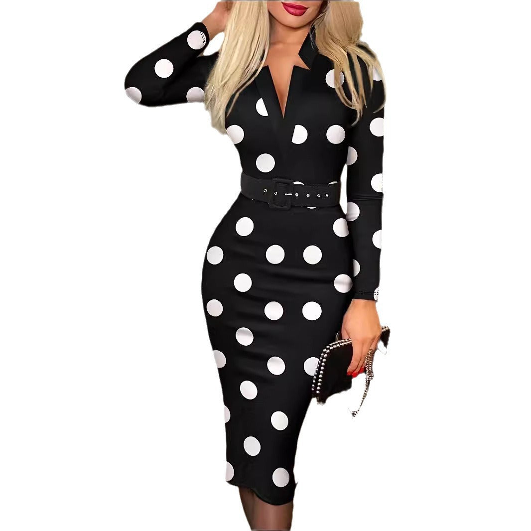 Women's Figure-Hugging Pencil Dress with Waist Belt and V-Neck Mune Fashion