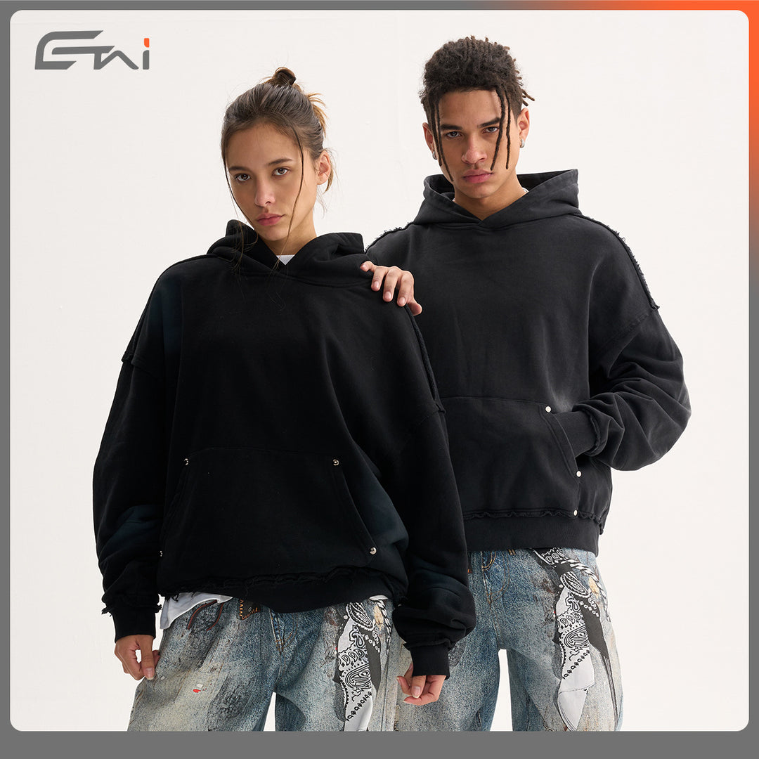 Men's Boxy Hoodie with Frayed Hem, Studded Kangaroo Pocket and Worn Spot Effect Mune Fashion