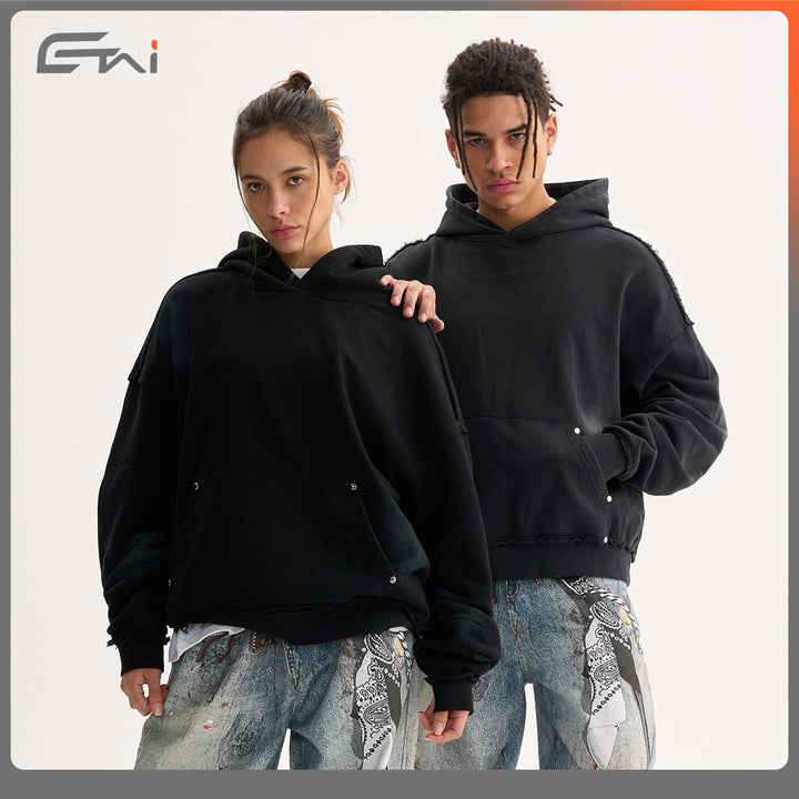 Men's Boxy Hoodie with Frayed Hem, Studded Kangaroo Pocket and Worn Spot Effect Mune Fashion