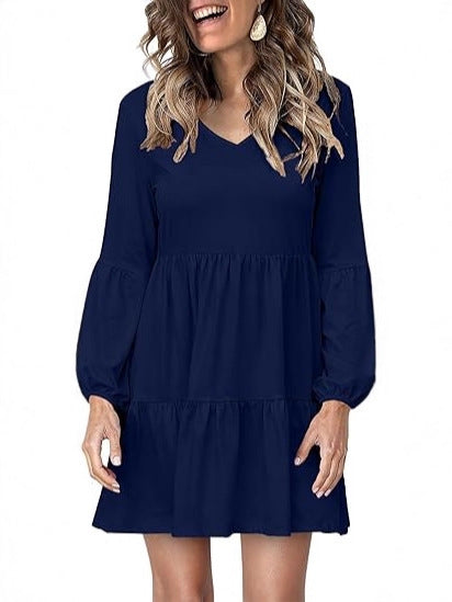 Women's Tiered Mini Dress with V-Neck and Balloon Sleeves Mune Fashion