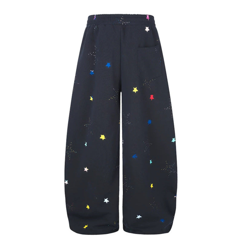 Women's Extra Wide Palazzo Sweatpants in Balloon Cut with Elastic Comfort Waistband, Drawstring, and Star Application Mune Fashion