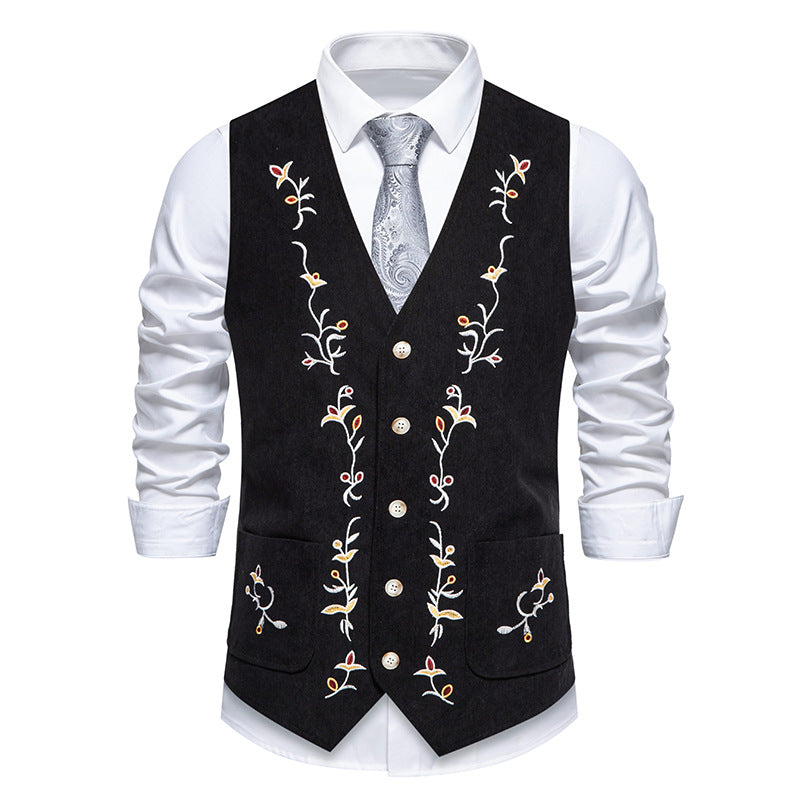 Men's Traditional Embroidered Suit Vest with V-Neck and Decorative Buttons Mune Fashion