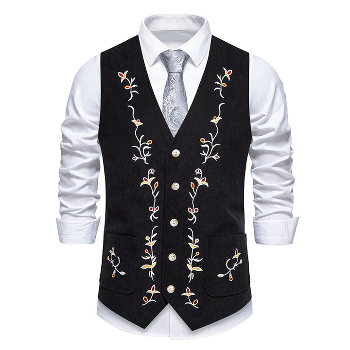 Men's Traditional Embroidered Suit Vest with V-Neck and Decorative Buttons Mune Fashion