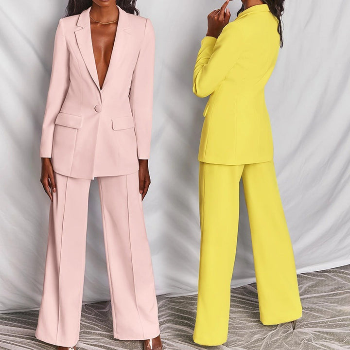 Ladies nan elegant Longline blazer with deep V-neck and wide palazzo pants suit Mune Fashion