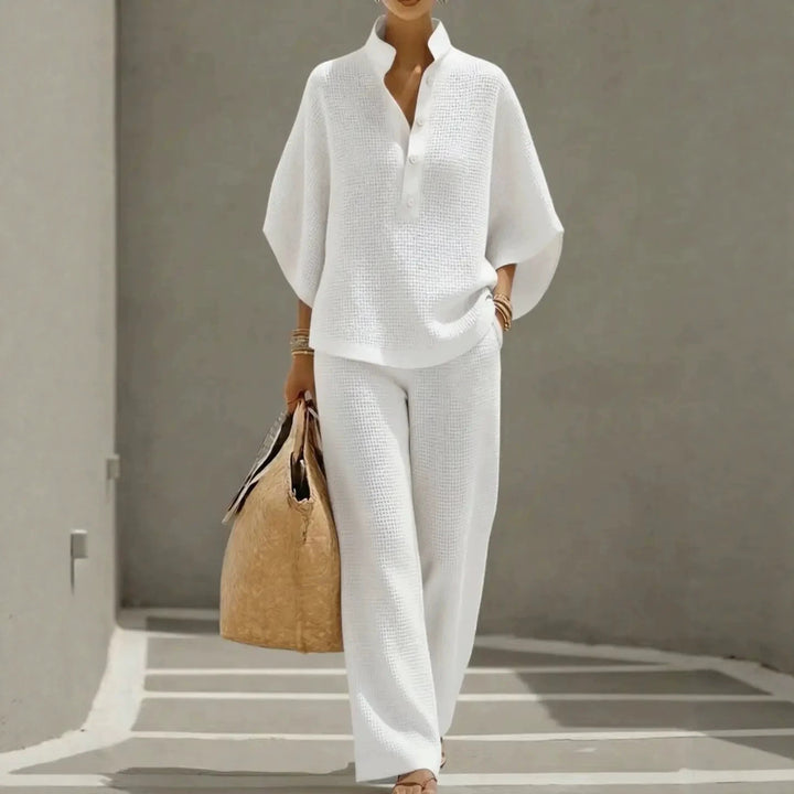 Women's Lightweight Waffle Knit Two-Piece Set with Stand Collar, Button Placket, and Palazzo Pants Mune Fashion