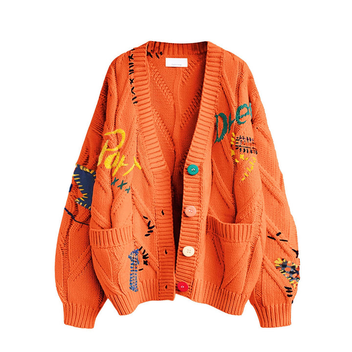 Women's Stylish Knitted Cardigan with Colorful Buttons and Elaborate Design