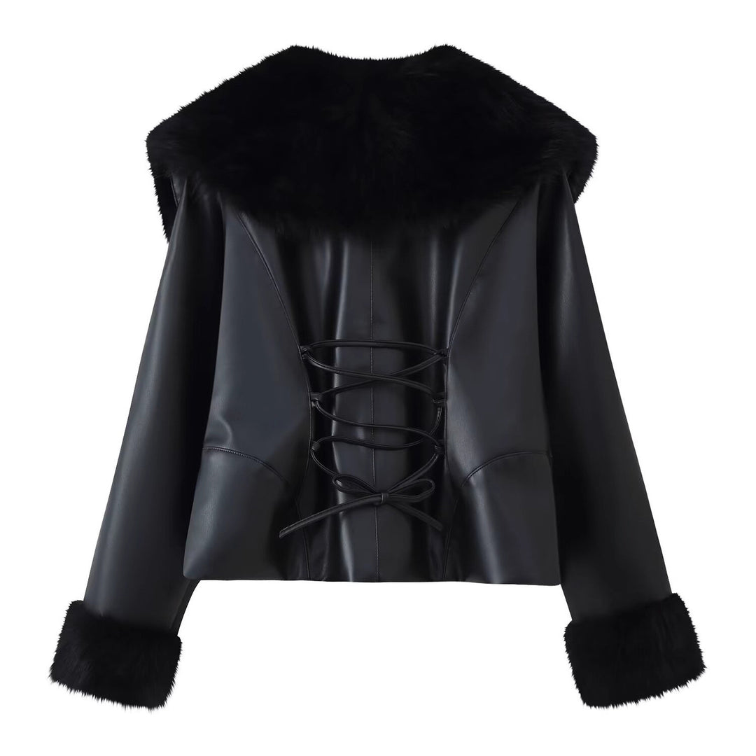 Women's short jacket made of synthetic leather with voluminous faux fur collar and fur cuffs Mune Fashion