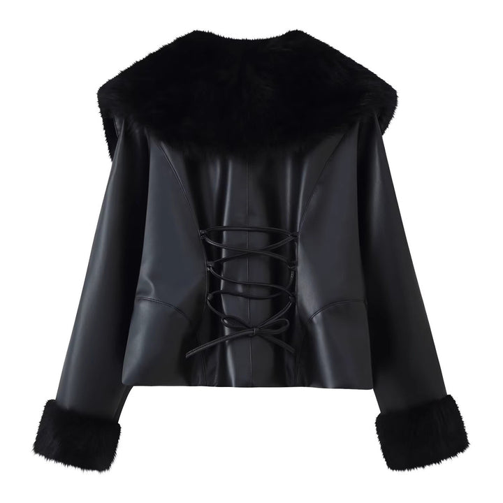 Women's short jacket made of synthetic leather with voluminous faux fur collar and fur cuffs Mune Fashion