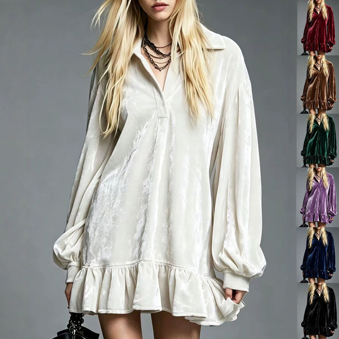Ladies Velvet Mini Dress with Ruffled Hem, Balloon Sleeves and Shirt Collar Mune Fashion