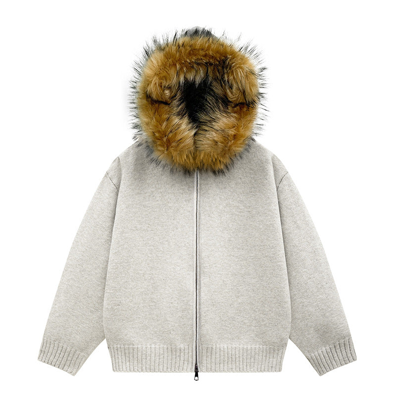 Women's Knit Bomber Jacket with Hood and Removable Faux Fur Trim Mune Fashion