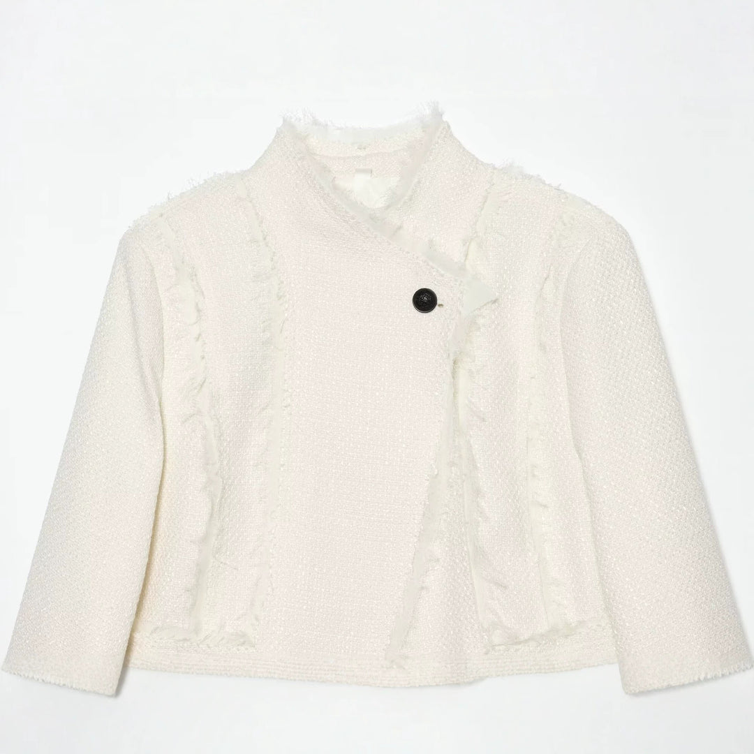 Women's bouclé short jacket with fringe trim and asymmetrical single-button closure Mune Fashion