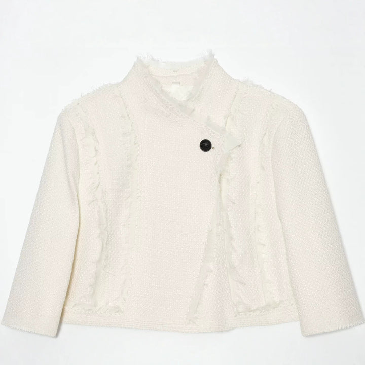 Women's bouclé short jacket with fringe trim and asymmetrical single-button closure Mune Fashion