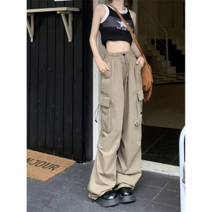 Women's Cargo Pants with High Waist, Elastic Waistband, Large Flap Pockets, and Drawstring Mune Fashion