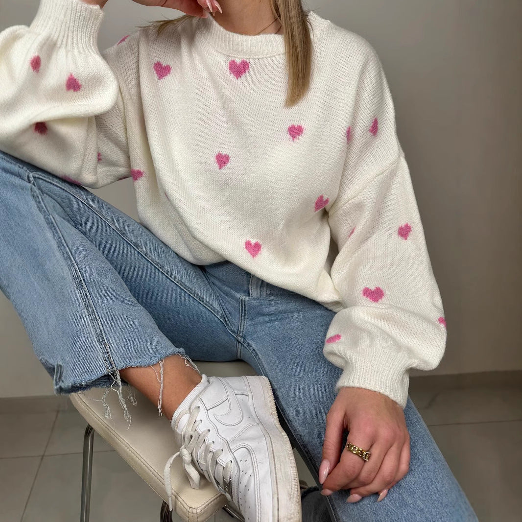 Women oversized knit sweater with heart intarsias and balloon sleeves Mune Fashion