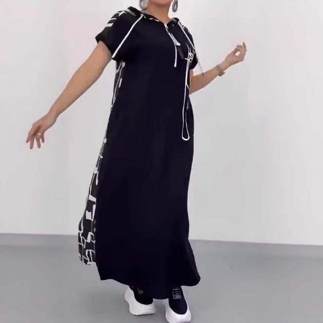 Women's casual hooded kaftan dress in loose fit with short sleeve cut and abstract graphic pattern Mune Fashion