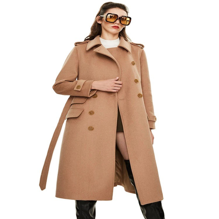 Women's fitted A-line trench coat made of wool-cashmere blend with waist belt and flap Mune Fashion