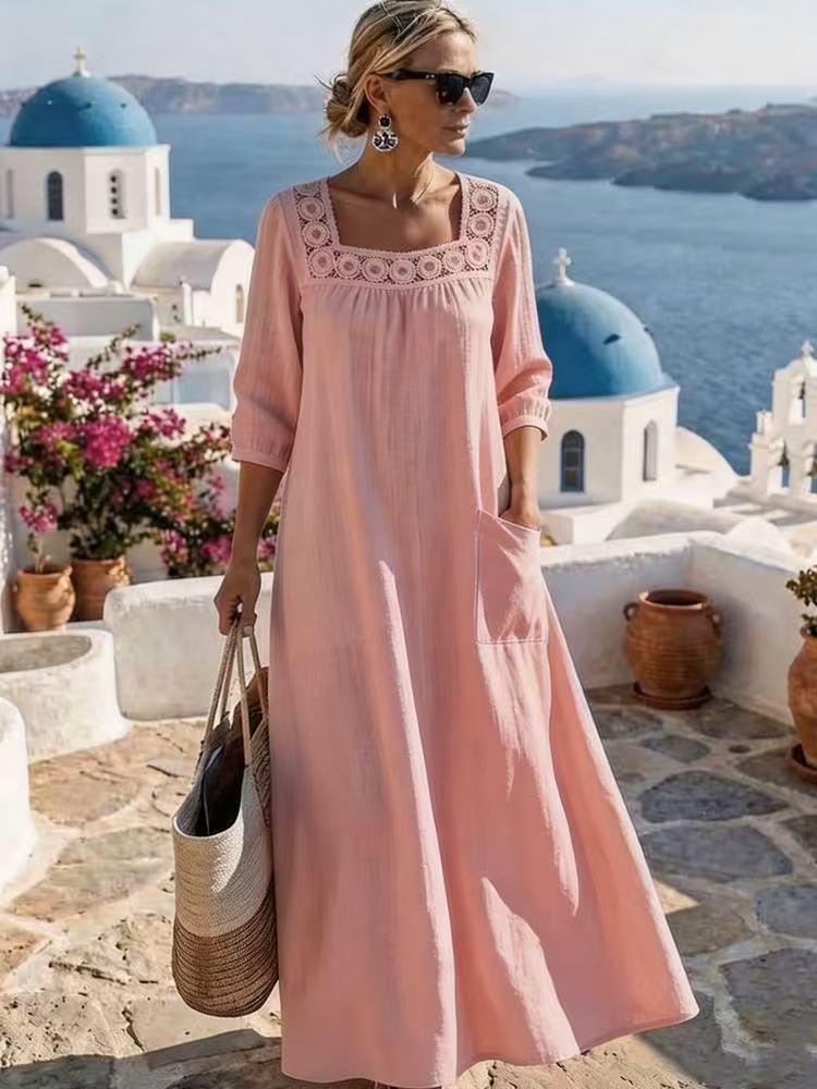 Women's maxi dress with crochet square neckline, three-quarter sleeves, and pocket Mune Fashion
