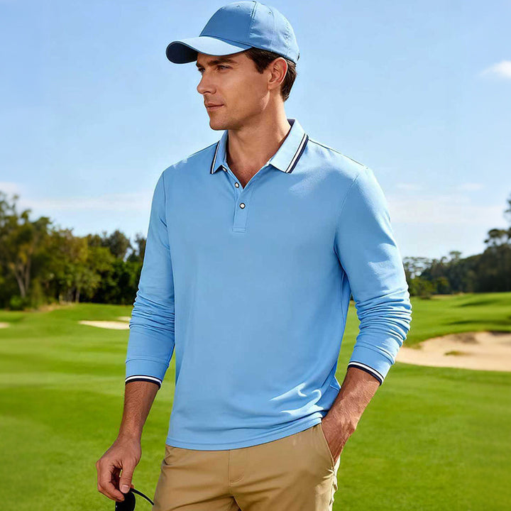 Men's Long-Sleeved Performance Golf Polo Shirt with Contrast Collar Mune Fashion