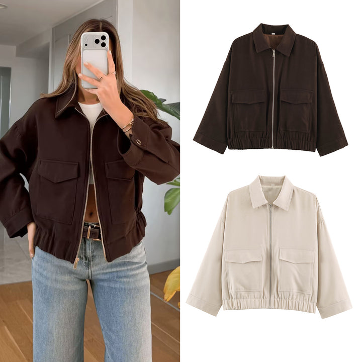 Women's Boxy Short Blouson with Patch Pockets and Elastic Hem Drune