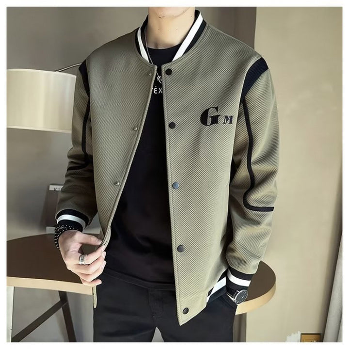 Men's Lightweight Varsity Bomber Jacket with Textured Fabric, Ribbed Cuffs and Snap Front Mune Fashion