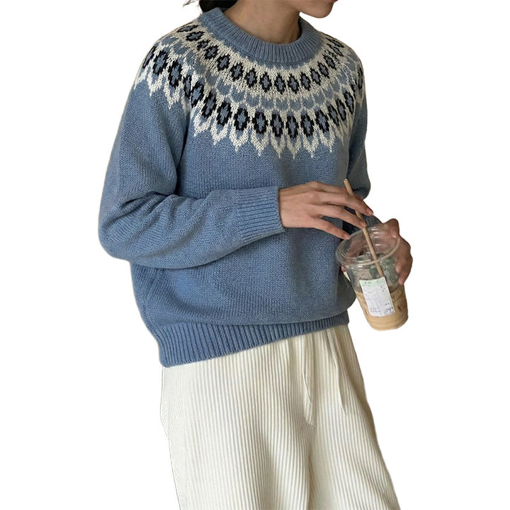 Women's Round Neck Sweater with Jacquard Yoke and Relaxed Fit Mune Fashion