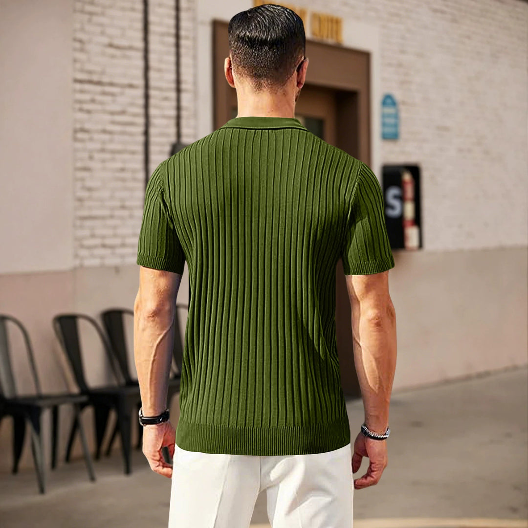 Men's elegant structured short sleeve knit polo with short metal zipper and shirt collar Mune Fashion