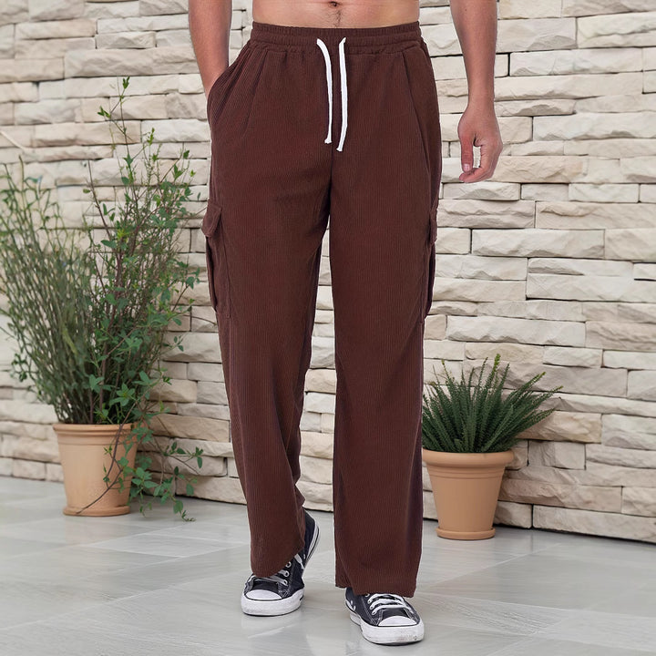 Men's corduroy-look cargo joggers with drawstring, elastic waistband, and patch flap pockets Mune Fashion