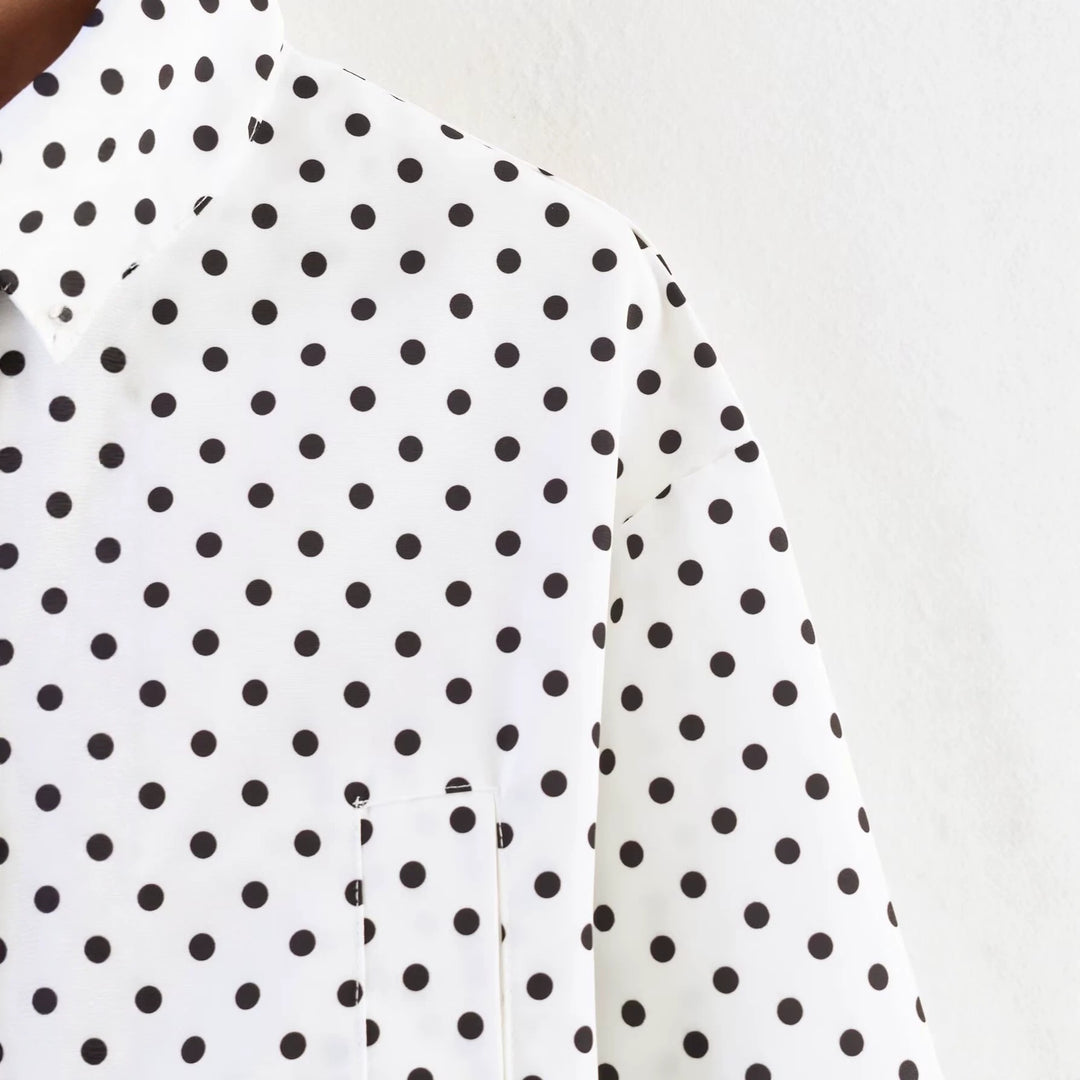 Ladies Cropped Polka Dot Transition Jacket with Stand-Up Collar and Waist Gathering Mune Fashion