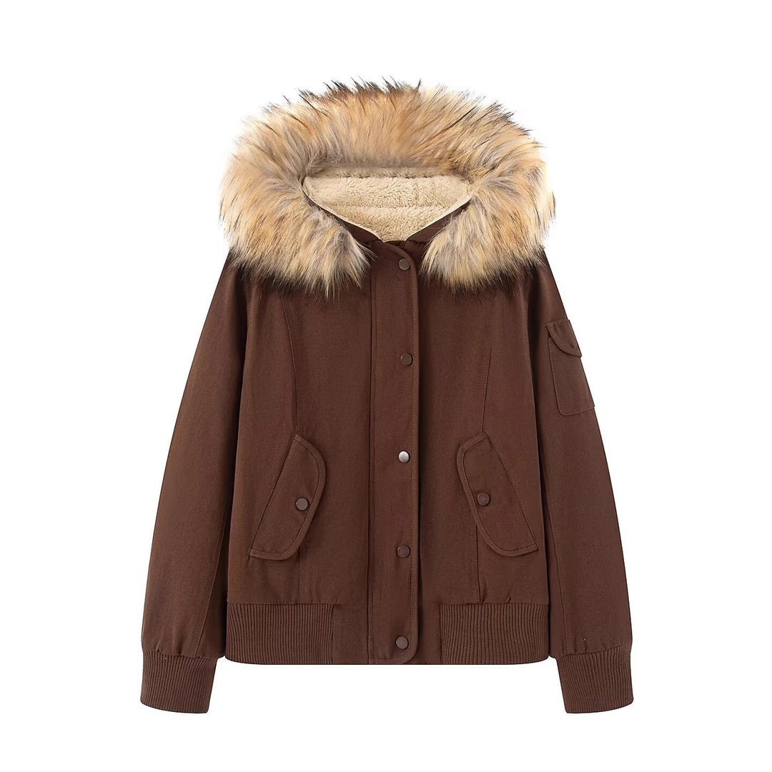 Women's Padded Bomber Jacket with Hood and Removable Faux Fur Collar Mune Fashion