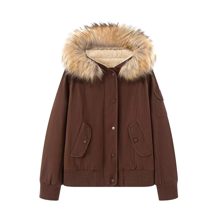 Women's Padded Bomber Jacket with Hood and Removable Faux Fur Collar Mune Fashion