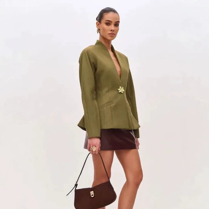 Women's sculptural tailored jacket with peplum, stand-up collar and decorative brooch Mune Fashion