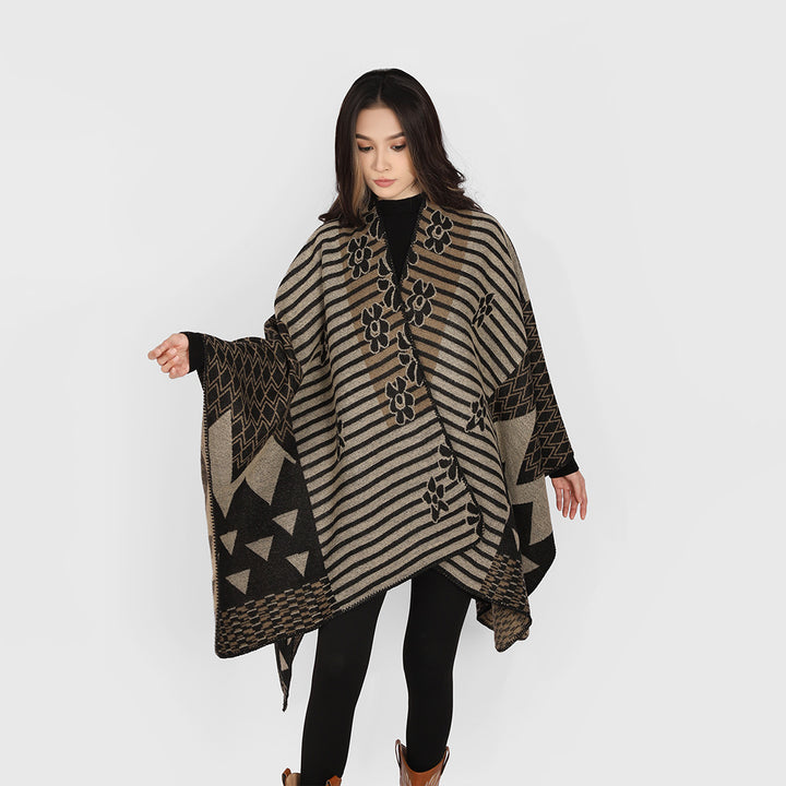 Women Versatile Knit Poncho in Patchwork Jacquard with V-Neck and Asymmetrical Points Hem Mune Fashion