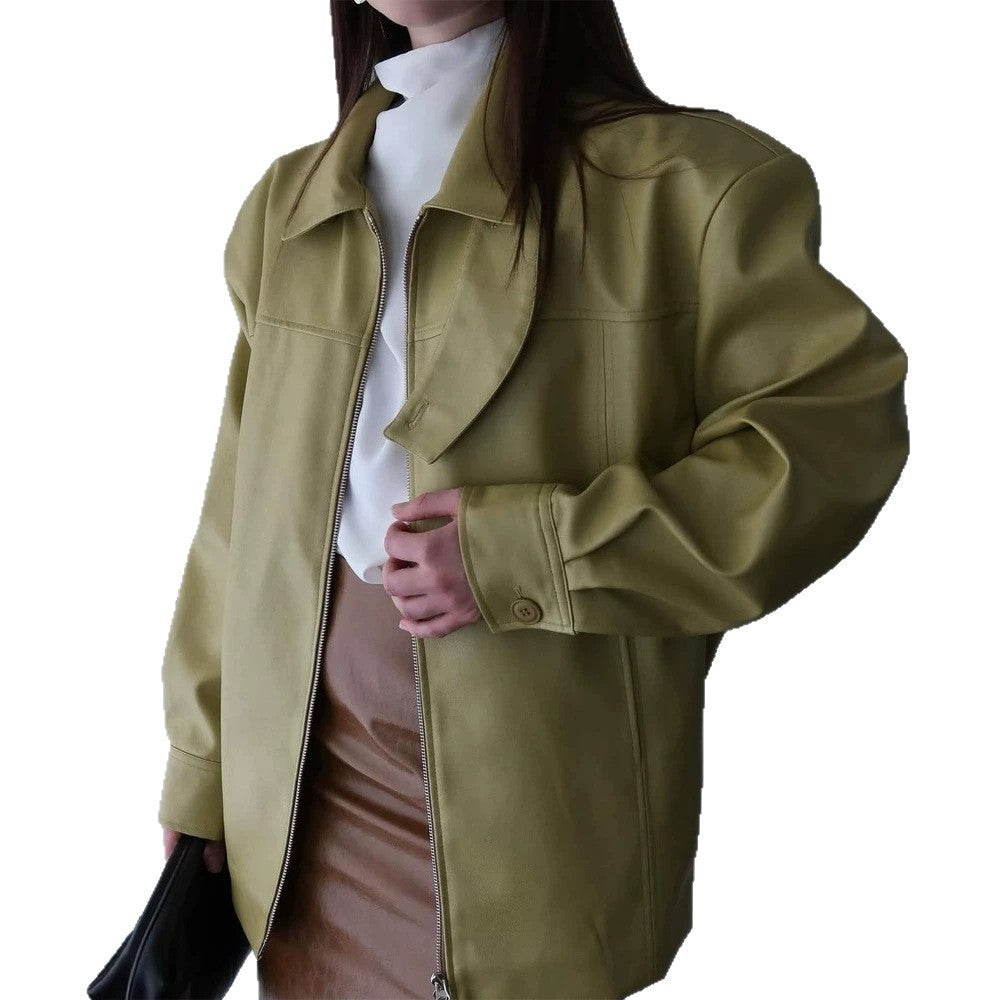 Women's Boxy Faux Leather Jacket with High Stand Collar, Front Zip and Waist Belt Mune Fashion