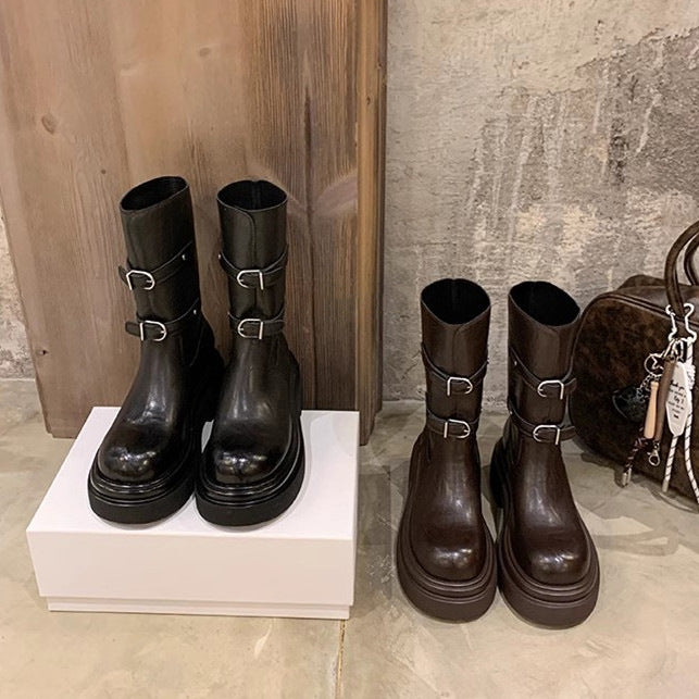 Women's knee-high platform biker boots with distinctive lug sole and three decorative belts Mune Fashion