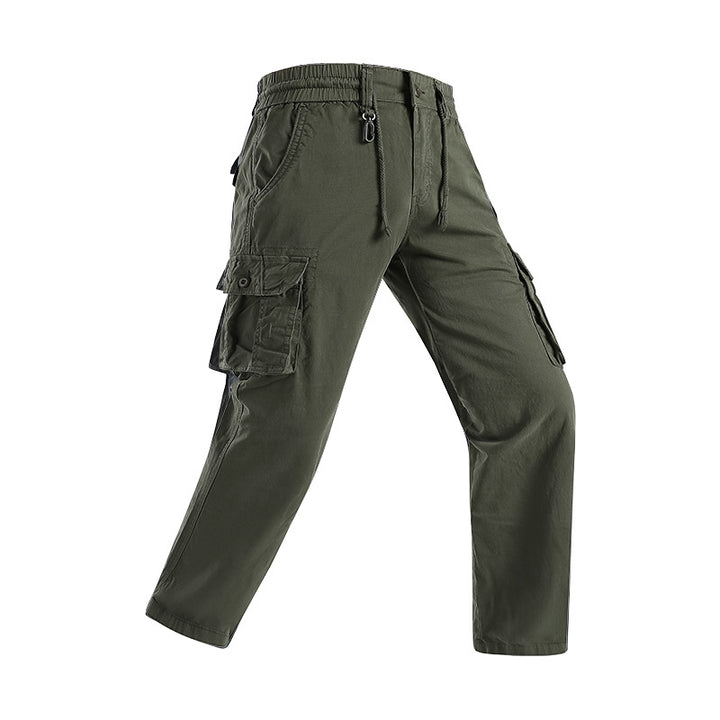 Men's military-inspired cargo pants with elastic tunnel drawstring waistband, flap and zipper pockets Mune Fashion