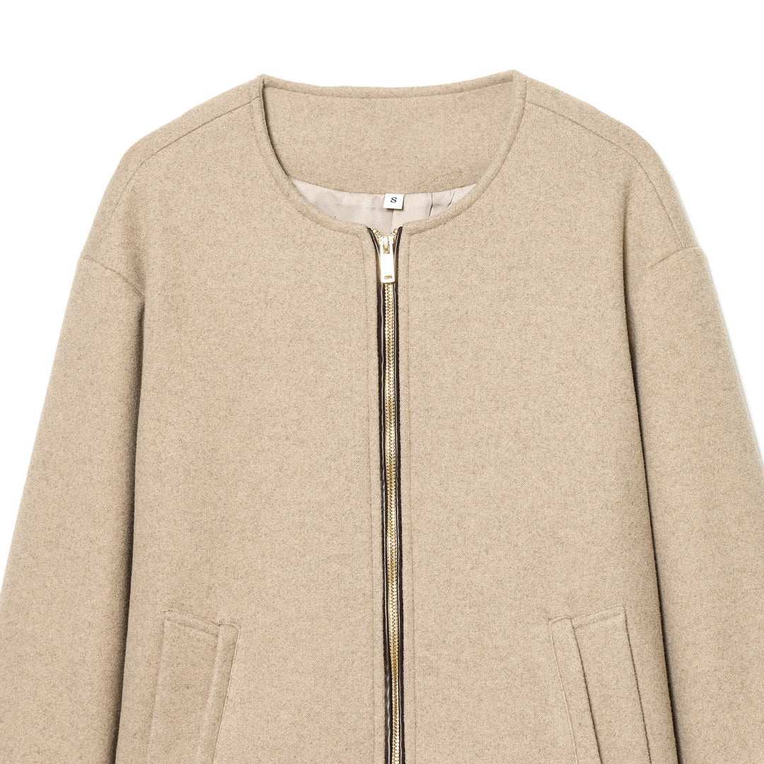 Women's short wool blend blouson with round neck, gold-colored zipper, and leather trim on cuffs Mune Fashion