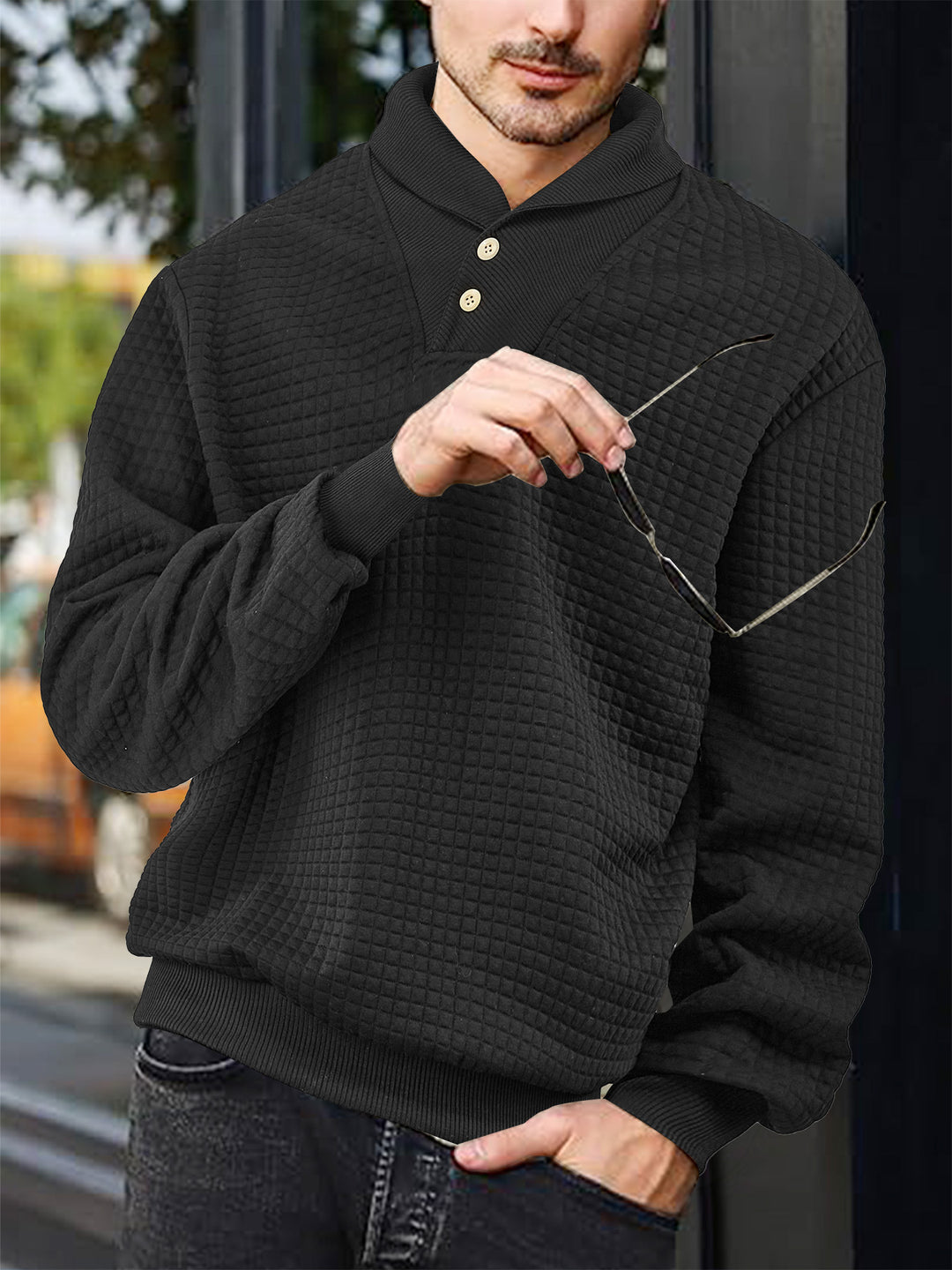 Men's elegant knitted pullover with shawl collar, button placket at neckline and check waffle texture Mune Fashion