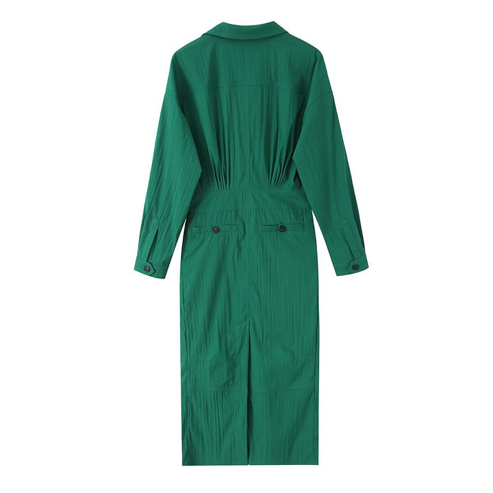 Ladies shirt blouse midi dress with V-neck, elastic waist and patch pockets Mune Fashion